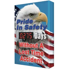 Aluminum electronic scoreboard with mounting holes for wall installation. Nominal sign size 28 in x 20 in. Operates on 110/120V AC and is programmed via remote control. Tracks days without a lost-time accident for workplace safety awareness.