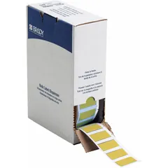 Polyolefin heat-shrink sleeve label in yellow matte finish. Precut size 19/32 x 27/32 in, designed for wire gauges 1 AWG to 8 AWG. Compatible with BMP61 printer series for on-demand wire identification and marking in electrical panels and cable management.