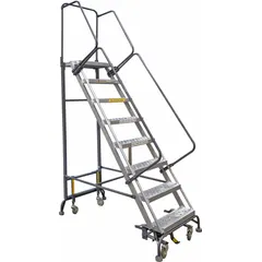 This unassembled aluminum ladder features a weight-actuated auto-lock mechanism and foot-activated step lock for stability. Double handrails provide support during use. Suitable for elevated access in warehouses, stockrooms, and industrial facilities.