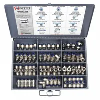 This 60-piece kit includes brass push-to-connect fittings in connector, elbow, tee, and union shapes, with elbows as the specific fitting shape. Designed for tool-free assembly in pneumatic systems, it is used to join tubing in applications such as industrial automation, packaging, and material handling