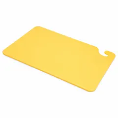 This yellow co-polymer cutting board measures 12 inches wide by 18 inches long. It is NSF Certified for use in foodservice environments where sanitation standards are required. The color coding helps designate specific food preparation tasks to reduce cross-contamination.