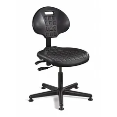This BEVCO armless office chair is constructed with a plastic material and finished in black. It features a 12-1/2-inch back height, 17-inch seat depth, and 18-1/2-inch seat width. Suitable for general workspace seating where armrests are not required, it provides a compact solution for desks or workstations in commercial and industrial environments.