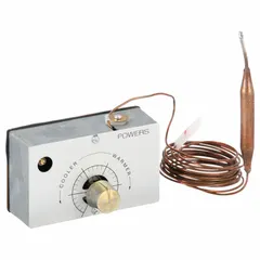 Pneumatic liquid-filled bulb thermostat with direct action, designed for unit mounting. Controls temperature from 60° to 85°F with a 2-pipe high-volume air flow output. Includes a 96-inch capillary for flexible sensor placement. Suitable for HVAC systems requiring remote sensing and pneumatic control.