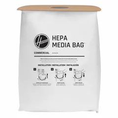 Dry-pickup cloth bag, 1-ply with HEPA filtration. Compatible with Hoover Commercial models CH90600V and CH91600V. Used in commercial upright vacuums for floor cleaning in offices, hotels, and industrial settings.