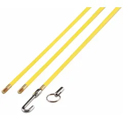 This fish stick set is used for routing cables through walls, ceilings, and confined spaces. It includes a bullet nose tip, a single hook tip, and three 15/64-inch sections with a 1/4-inch rod diameter.