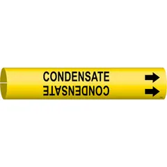 Yellow snap-on pipe marker with black legend reading 'Condensate' and directional arrows. Fits pipe outer diameters from 4 to 6 inches. Used to identify condensate piping in industrial facilities for safety and maintenance compliance.