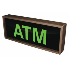 Illuminated sign for identifying automated teller machine locations. Enhances visibility in indoor or outdoor settings where ATM identification is needed. Part number 132497.