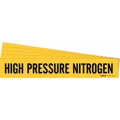 Yellow adhesive pipe marker with black legend text reading 'High Pressure Nitrogen'. Fits pipe outer diameters from 2-1/2 to 7-7/8 inches. Sold in a 5-pack without directional arrows. Used to identify high-pressure nitrogen lines in industrial piping systems.
