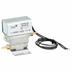 3-way air switching valve with die cast aluminum body for directing or blocking airflow in pneumatic control systems. Operates at 440/480V AC, 50/60 Hz, with maximum operating pressure of 30 psi. Includes junction box for wiring connections.