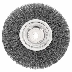 Crimped steel wire brush for light cleaning, surface preparation, and deburring on carbon steel. Removes rust, scale, and light weld splatter. 8-inch diameter, 3/4-inch width, 5/8-inch arbor, 0.014-inch fill. Manufacturer part number 93121.