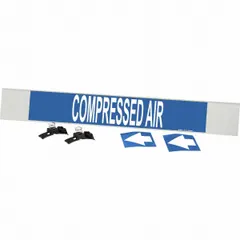 Fiberglass carrier-mounted pipe marker with strapping for identifying compressed air lines. Blue background with white legend text and directional arrows. Fits pipe outer diameters of 8 inches and larger. Includes one marker per order.