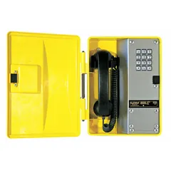 The WRT-30 is a weather-resistant rugged telephone for hazardous areas, designed for outdoor commercial use. It features a yellow plastic housing, metal keypad, curly cord, and electret noise-reducing microphone. This PSTN phone is surface mountable on a wall and provides reliable voice communication in industrial environments.
