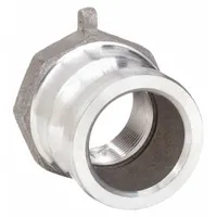 This Type A aluminum cam and groove adapter features a 1-1/2 in -11-1/2 FNPT thread and a 1-1/2 in hose fitting size. It is used for quick-connect fluid transfer in applications such as tanker loading, chemical processing, and agriculture, providing leak-resistant connections between hoses and pipes or pumps