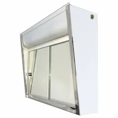 Wall-mounted mirrored medicine cabinet with bright annealed stainless steel frame and silver finish. Includes integrated lighting. Glass front, 24 in wide by 19 1/2 in high. Suitable for bathrooms and dressing areas.