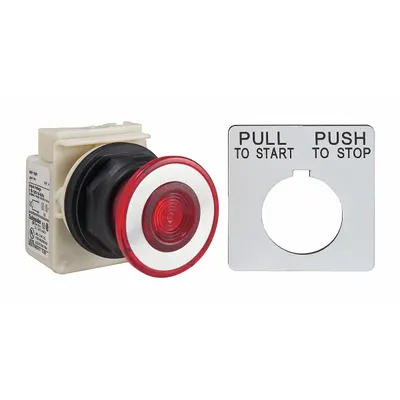 SCHNEIDER Mushroom Head Push Button: 30 mm Mounting Size, Non-Metallic - Illuminated Mushroom-Head Push-Button Operators
