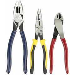 General purpose assorted pliers set containing three pliers with standard cushion grip handles and spring return mechanism. Includes a 9-inch lineman's plier; pliers range from size 2 to 5. Suitable for electrical work, wire pulling, cutting, and other general hand tool applications.