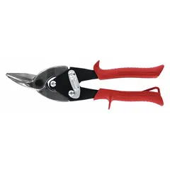 Straight-cut aviation snip with steel blades and plastic handles. Overall length 9 3/4 in, cutting length 1 1/4 in. Includes a steel lock. Used for cutting sheet metal in HVAC, metal fabrication, and automotive applications.