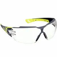 Half-frame safety glasses with clear anti-fog and scratch-resistant lens. Charcoal and high-visibility yellow frame with padded comfort fit. Metal detectable construction suitable for environments requiring contamination control