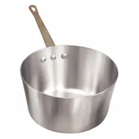 Aluminum sauce pan with a straight body and a riveted steel handle with chrome-plated coating. NSF certified. Suitable for simmering, heating, and preparing sauces, soups, and side dishes in commercial and institutional kitchens