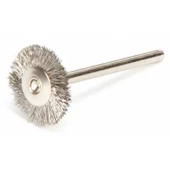 This light-cleaning brush features a crimped stainless steel fill of 0.005" for surface preparation and cleaning on stainless steel workpieces. With a 3/4" diameter by 1/16" width and a 1/8" shank, it is suited for deburring, blending, and finishing in metal fabrication and maintenance tasks.