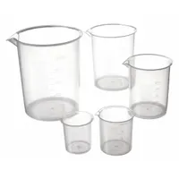 This beaker set includes multiple low-form polypropylene beakers with clear, colorless bodies and printed graduations for volume measurement. The non-sterile set is suitable for general laboratory use, including measuring and mixing liquids in educational and industrial settings
