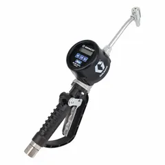 This digital metered preset dispense gun features a stainless steel nozzle body and spout with a rigid extension. It has a maximum flow rate of 8 gpm and a 1/2 in NPT spout connection. Wetted materials include acetal, aluminum, carbon steel, Geolast, nitrile rubber, and stainless steel. Suitable for precise dispensing of oils, greases, and other non-corrosive fluids in industrial lubrication and fluid-handling applications.