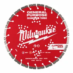 This diamond saw blade is designed for cutting block, brick, concrete, and stone. It features a 14-inch diameter and a 1-inch arbor size, suitable for wet or dry cutting applications with masonry saws.