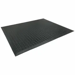 Black rubber antifatigue mat measuring 3 ft x 31 in with 1/2 in thickness. Features a beveled edge and anti-slip backing. Suitable for use in industrial workstations where prolonged standing occurs.