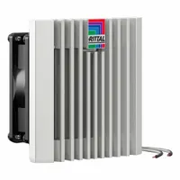 Standard square axial fan with plastic housing, rated IP54 for protection against dust and water splashes. Operates on 115V AC with terminal connections. Measures 10 inches in height and 5 1/16 inches in depth. Suitable for cooling and ventilating electrical enclosures, control cabinets, and industrial equipment