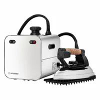 This ironing station is designed for commercial garment pressing. It features an 800 W heating element at 120V, a 1.9 L water capacity, and a pivoting design for maneuverability. Suitable for high-volume use in laundries and tailoring shops