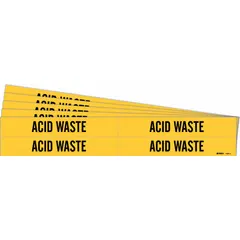 Yellow adhesive pipe markers with black 'Acid Waste' legend, suitable for pipes with outer diameter from 3/4 to 2-3/8 inches. Each pack contains 4 markers without arrows, supplied in a 5-pack quantity. Used to identify pipes carrying acid waste in industrial piping systems.