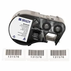 Precut label roll cartridge with polyester labels, black on white, type 1 1/2 in, measuring 3/4 in x 1 1/2 in. Compatible with M410 printer series. Used for industrial labeling applications such as asset tracking, cable marking, and safety identification.