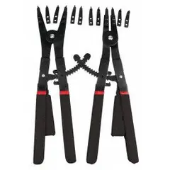 This pliers set is designed for installing and removing internal and external retaining rings in bore diameters from 3 1/16 in to 6 1/4 in. With a 16 in overall length, it provides reach for applications such as automotive, machinery, and industrial maintenance where secure ring placement is required.