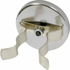 Round cup ceramic magnet with a holding style, encased with a clip. Measures 0.31 in thick with a 2 1/32 in outside diameter and delivers a max pull force of 19 lbf. Suitable for light-duty holding, fixturing, and positioning tasks in industrial settings.