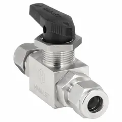 This HAM-LET ball valve is a straight-body, three-piece design with 316 stainless steel construction. It features sweat x sweat end connections and a wedge handle for manual on/off flow control. Suitable for industrial piping systems requiring corrosion resistance.