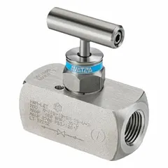 This 1-valve manifold from HAM-LET features a stainless steel body with PTFE components. It has 1/4" FNPT inlet and outlet connections and a pressure rating of 6,000 psi. Used in industrial fluid systems for flow control and isolation in high-pressure applications.
