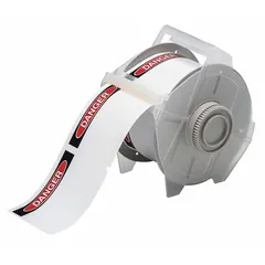 Vinyl label roll with DANGER header, acrylic adhesive, and two sizes: 2 1/4 in x 3 1/4 in and 3 1/4 in x 2 1/4 in. Compatible with GlobalMark printer series. Used for industrial safety identification and hazard marking.