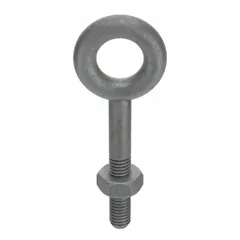 Steel, galvanized machinery eye bolt without shoulder. Thread size 3/8"-16, thread length 1 1/2 in. Includes nut. Made in USA. Used for lifting and rigging applications requiring a straight pull.