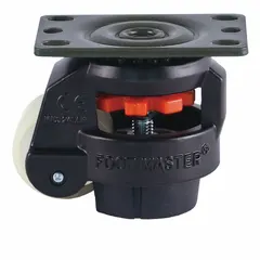 This medium duty leveling plate caster from FOOT MASTER features a 50 mm polyurethane tread wheel and 82 mm mounting height. The black frame supports industrial equipment mobility for carts, workstations, and machinery in factory or warehouse settings.