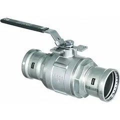 Two-piece ball valve made of 304 stainless steel with press x press connections. Features a PTFE seal and locking lever handle. Used for on/off flow control in piping systems.