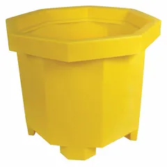 This 66-gallon spill collector is made of polyethylene and has a load capacity of 1,200 lb. It includes fork pockets for handling and is designed for secondary containment of drum spills in industrial environments.