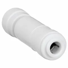 This inline check valve features an acetal body and a stainless steel poppet. It has 1/4 in push-fit connections for quick installation. NSF 51 certified, it is suitable for use in potable water and food-grade fluid systems where backflow prevention is required.