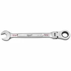 Chrome-finished wrench with a 15/16 in head size and 2 in overall length. The ratcheting box end enables faster fastener turning in confined spaces without repositioning. Suitable for general fastening and loosening tasks in mechanical and industrial maintenance.