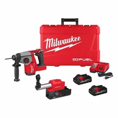 This cordless rotary hammer features an SDS-Plus chuck and accepts bits up to 5/8 in diameter. It delivers 1.3 ft-lb of impact energy at 5,100 bpm. The kit includes (2) 3.0 Ah batteries and one bare tool. Suitable for drilling and light chipping in concrete, masonry, and brick.