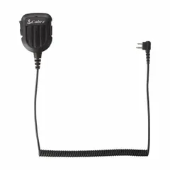 This COBRA microphone is designed for use with Performa series two-way radios. It features a push-to-talk function, a 4 ft cord for flexible positioning, and an IP54 rating for dust and splash resistance. The black microphone uses an M1 radio connector type. Suitable for industrial communication environments where remote or hands-free operation is needed.