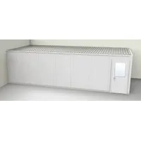 This 2-wall unassembled in-plant office measures 28 ft x 12 ft x 8 ft and is constructed with gray vinyl-covered drywall and steel components. It features an STC 31 sound transmission class rating, making it suitable for creating quiet workspaces within industrial facilities such as factories and warehouses. The unit is designed for use as a supervision office, administrative area, or break room without the need for permanent construction