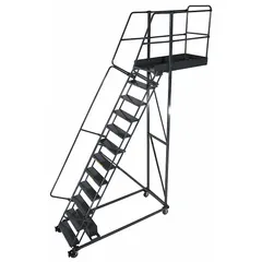 This unsupported cantilever ladder provides a 10.8 ft platform height for elevated access tasks. Constructed of steel with a gray finish, it includes double handrails and locking casters for stability and mobility. The unit is supplied unassembled and is suited for industrial maintenance, warehousing, and assembly applications.