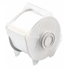 White gloss polyester continuous label roll, 2 1/2 in x 100 ft, for outdoor use. Compatible with GlobalMark printer series. Used for asset tags, pipe markers, and safety signs in industrial environments.