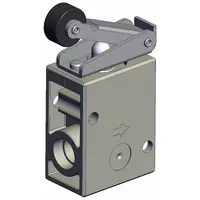 Roller-actuated 2-port manual air control valve with 1/4 in NPT ports. Maximum operating pressure 1 MPa. Used in pneumatic control systems for directing air flow in industrial automation, packaging, and material handling applications