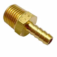 This brass barbed tube fitting features BSPT male threads on both ends and a standard barb design for connecting 8 mm pipe to 6 mm ID tubing. The rigid brass construction provides a leak-resistant joint in pneumatic or fluid systems. Suitable for industrial applications requiring secure tube connections
